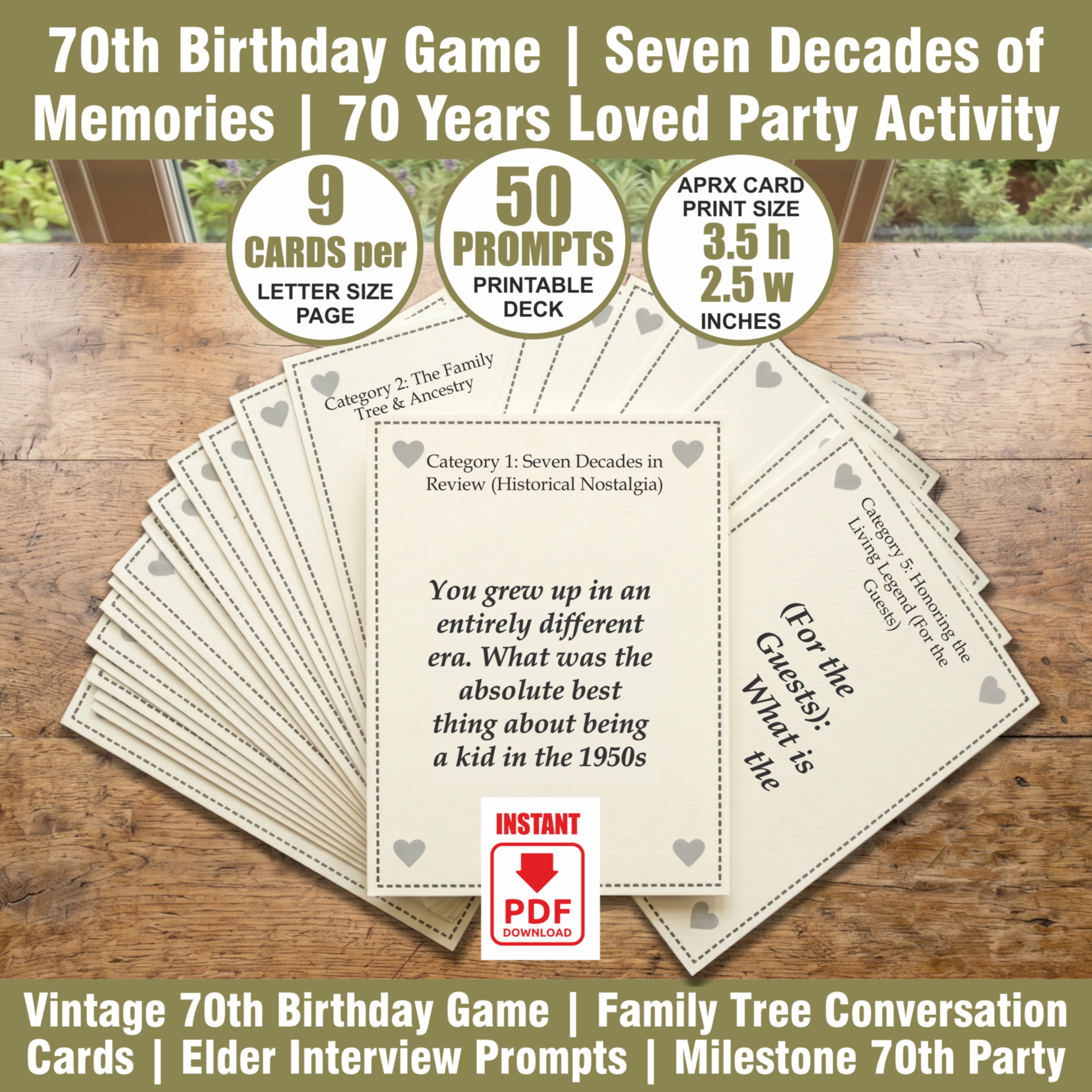 70th Birthday Game | Seven Decades of Memories | 70 Years Loved Party Activity | Platinum Birthday